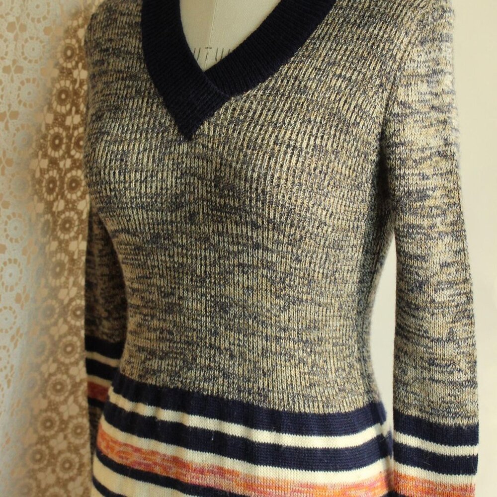 Vintage 1970s Dress, Jon Michael Wool Sweater Dress, Horizontal Striped V Neck - Picture 11 of 13